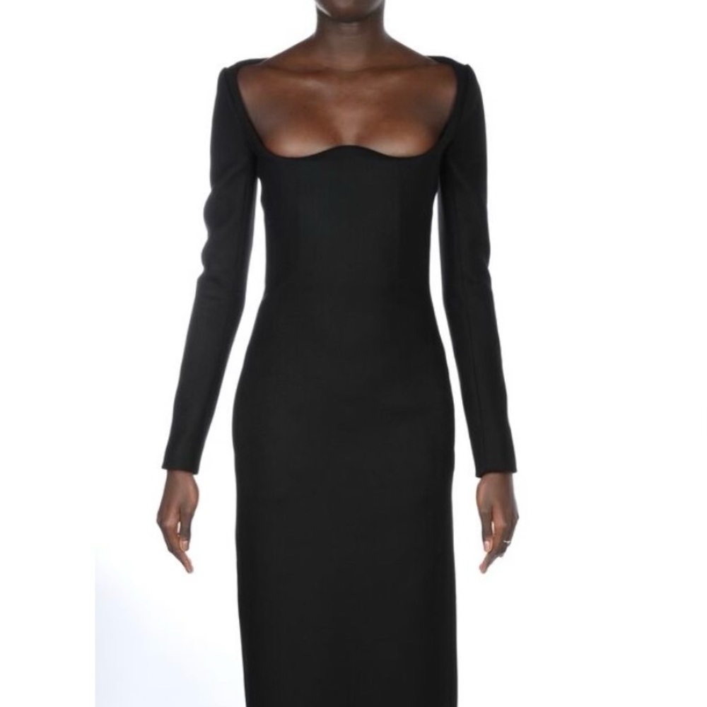 Saint Laurent Black Wool Corset Sweetheart Column Gown 38 Long Sleeve Black NWT